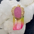 Bohemian druzy stone pendant with gradient crystal pillar and gold plated irregular edges - 20x30-30x70mm / No. 11 (Pink Druzy Rainbow Crystal)