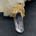 Detailed macro view of natural crystal pillar pendant with gold-tone metallic textured cap - 20x30-30x70mm / No. 7 (Dark Blue Druzy Clear Crystal)