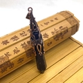 Blue Goldstone hexagonal prism pendant with vintage bronze filigree and metal loop - 10x78mm / Blue Turquoise