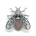 Vintage silver bee brooch with pink oval gemstone and filigree hollowed wings - Rose Quartz