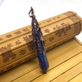 Lapis lazuli hexagonal pyramid pendant with vintage copper filigree cap on bamboo mat - 10x78mm / Lapis Lazuli
