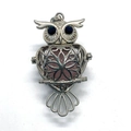Silver owl hollow pendant with pink natural stone ball and black gemstone eyes - 29x50mm / Rose Quartz