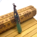 Aventurine hexagonal crystal point pendant with antique bronze hollow metal cap - 10x78mm / Green Aventurine