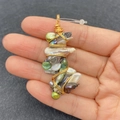 Handmade baroque pearl and natural stone pendant with intricate gold wire wrapping - Vertical Multi-tone Pearl Gold Wire Style (No. 3)