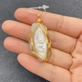 Handmade wire-wrapped pendant with baroque pearl and white crystal in gold finish - Single Iridescent Mineral Gold Wire Style (No. 7)
