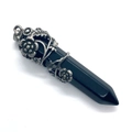 Pendentif vintage en cristal hexagonal noir avec détails de fleurs en argent ciselé - 16x59mm / Agate noire
