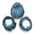 Three pieces of dark blue druzy agate pendants with elegant gold plated metal edges - Sapphire Blue