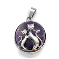 Colgante redondo de amatista natural con diseño de dúo de gatos plateados para joyas - 23x27mm / Amatista