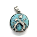 Zilveren kattenhanger met turquoise inleg en een elegant rond vintage ontwerp - 23x27mm / Blauw Turkoois