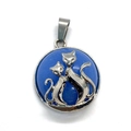 Ronde kattenhanger met blauwe opaalsteen en zilveren kittens voor DIY-sieraden - 23x27mm / Blauw (Nr. 10)