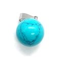 Blue-green round stone pendant with black spiderweb patterns and silver metal bail - 14mm / Blue Turquoise