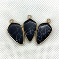 Set de tres colgantes de piedra jaspeada negra con bordes dorados para collares DIY - Turquesa Negra Sintética