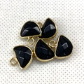 Set of five black onyx-style geometric fan pendants with gold metal frames for DIY jewelry - 13x14mm / Black Agate