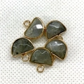 Five semi-circular grey-green natural stone pendants with gold-plated edges for DIY jewelry - 13x14mm / Flash Stone (Labradorite)