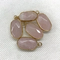 Five faceted oval rose quartz pendants with gold plated borders and single hanging loops - Rose Quartz