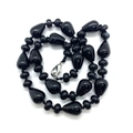 Polished black agate teardrop beads necklace with handcrafted knotting and silver clasp - Black Agate