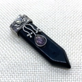Vintage silver sword-shaped natural black stone pendant with purple amethyst inlay - Sword Shape (1011-T201118002) / Black Agate