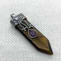 Sword-shaped tiger eye stone pendant with silver flower accents and amethyst detail - Sword Shape (1011-T201118002) / Tiger's Eye