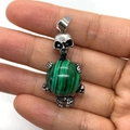 Skull pendant with green malachite stone in silver finish, gothic punk style jewelry - Malachite