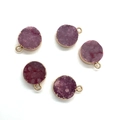 Detail view of five round purple druzy crystal pendants with gold plated edges for jewelry - Lavender (No. 2)