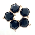 Macro view of five hexagonal black stone pendants with gold plating for DIY jewelry making - 24x34mm / Black Agate