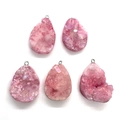 Macro shot of five pink druzy quartz water drop pendants with silver loops on white - 22x34mm / Pink