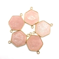 Set of five hexagonal pink natural stone pendants with gold metal frames for DIY jewelry - 24x34mm / Rose Quartz
