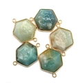 Set of five hexagonal natural stone pendants with gold metal edging and double loops - 24x34mm / Amazonite/Mixed Stone (Style 3)