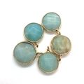 Detailed view of faceted natural Amazonite round pendants with gold plated metal edges - Amazonite