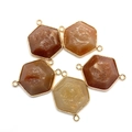 Five hexagonal orange natural stone connectors with gold edges for DIY necklace making - 24x34mm