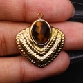 Vintage golden shield pendant featuring an oval faceted tiger eye stone and woven texture - Tiger's Eye / Pendant Only (Without Chain)