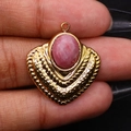Vintage golden pendant with oval pink gemstone and layered heart-shaped wave texture - Rhodonite / Pendant Only (Without Chain)