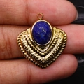 Vintage gold oval pendant with natural blue lapis lazuli stone and wavy texture - Lapis Lazuli / Pendant Only (Without Chain)