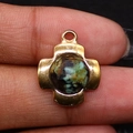 Vintage gold plated cross pendant with round green marble stone and hanging loop - 15x18mm / African Pine Stone