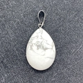 Teardrop white turquoise pendant with marble texture and silver bail for necklaces - Howlite / 17x27mm