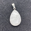 Water-drop shaped translucent natural stone pendant with a polished silver metal clasp - White Crystal / 17x27mm