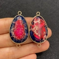 Pink and blue oval imperial stone pendant with gold plating and double connectors - Peach Blue Texture (No.7)