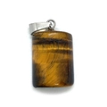 Cylindrical tiger eye stone pendant with silver metal clasp on a white background - 15x25mm / Tiger's Eye