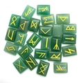 Green natural stone rune set with gold engraved Norse letters on smooth polished surface - Green Aventurine Rune Stone Set / Green Aventurine
