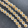 Strands of 9mm round evil eye shell beads with yellow accents for jewelry making - 9mm, 44 Pieces Per Strand, Double-Sided / Yellow