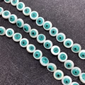 Round 9mm natural shell Evil Eye beads in turquoise and black for DIY jewelry making - 9mm, 44 Pieces Per Strand, Double-Sided / Green