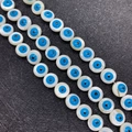 9mm shell Evil Eye flat round beads with blue pupil design for DIY bracelet jewelry making - 9mm, 44 Pieces Per Strand, Double-Sided / Blue
