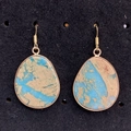 Water-drop shaped blue tiger eye stone earrings with gold frame on french hooks - 26x35mm / Blue-Green Marble