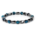 Detail of blue tiger eye beads and faceted hematite stones on a stretch bracelet - Hematite Royal Blue Tiger Eye