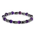 Detailed view of tiger eye beads and metallic hematite spacers on the elastic bracelet - Hematite Purple Tiger Eye