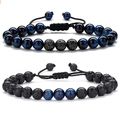Set di due braccialetti con perline in occhio di tigre blu e pietra lavica con cordino intrecciato - Occhio di Tigre Blu e Pietra Lavica