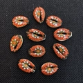 Natural cowrie shells with orange mandala floral prints for DIY jewelry making - Mandala Flower Decoration (No.2) / 20 Pieces Set