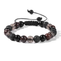 Detalle de pulsera trenzada ajustable con cuarzo ahumado, obsidiana y piedras de lava - Estilo de Piedra de Lava y Obsidiana (FA0014)