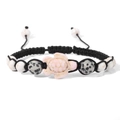 Close-up of adjustable woven bracelet with pink turtle charm and natural stone beads - Light Pink