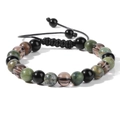 Detalle de la pulsera de piedras con cuarzo ahumado y cordón negro trenzado ajustable - Estilo de Cuarzo Ahumado Facetado y Moteado Verde (FA0015)